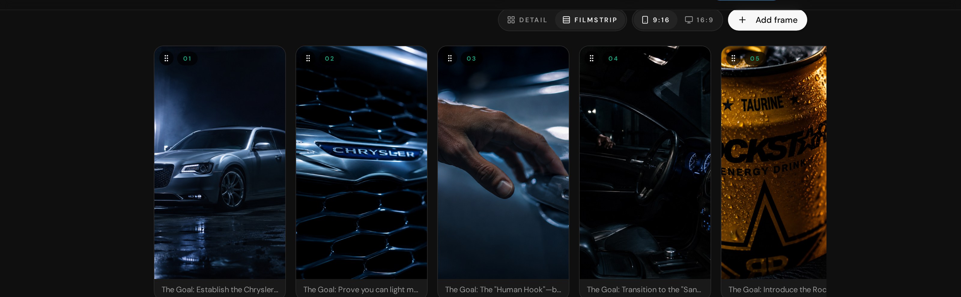 SLATE storyboard view — five vertical frames of a real spec commercial (Chrysler 300 / Rockstar Energy) shown as a film strip, above stage tabs for Discovery, Strategy, Concept, Treatment, Visual Dev, Production, and QA.