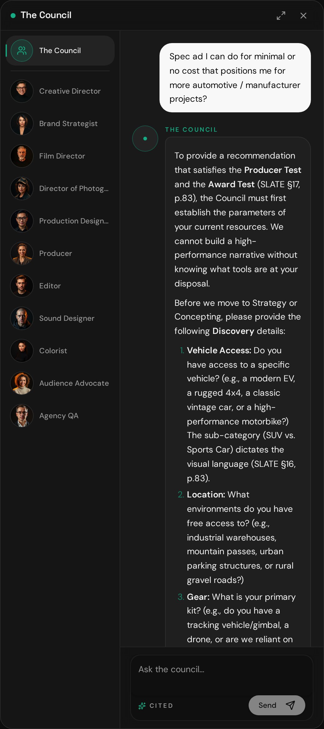 SLATE council chat — a rail of eleven specialist roles on the left (Creative Director, Brand Strategist, Film Director, DP, Production Designer, Producer, Editor, Sound Designer, Colorist, Audience Advocate, Agency QA) and a threaded response on the right giving real production notes.